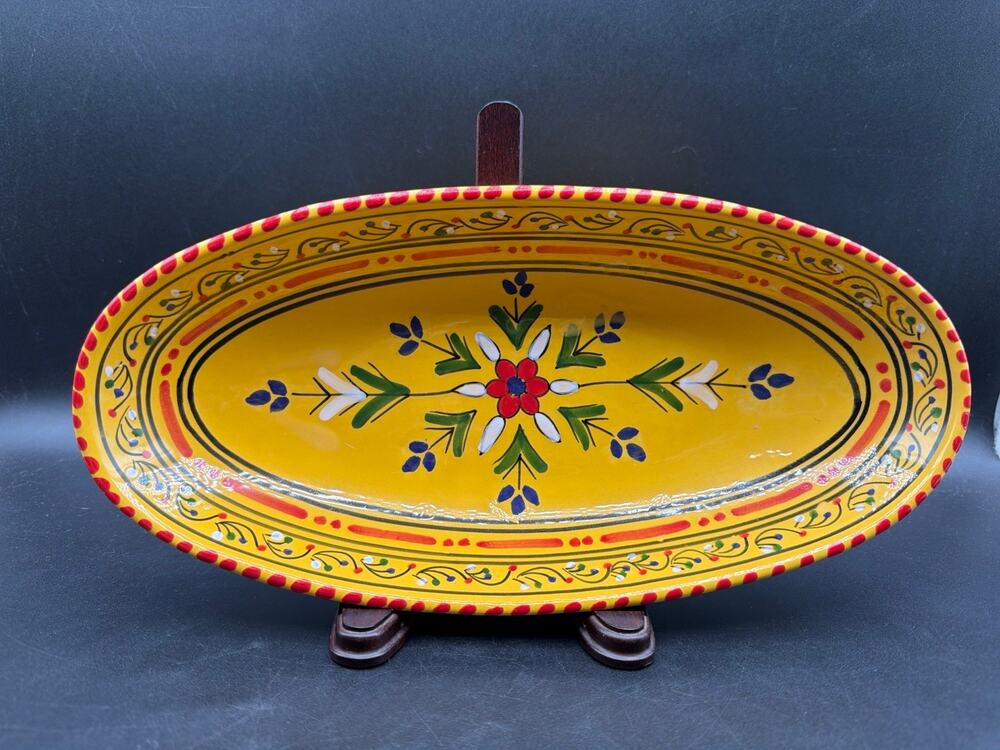 Le Souk Tunisia Hand Painted Yellow Oval Serving Platter Floral Pottery 12”